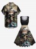 Robe trapèze vintage années 50 à imprimé tête de mort, pirate, carte, voilier, boussole, croisière hawaïenne, grande taille - Noir 2X