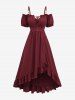 Plus Size Cinched Ruched Ruffles Cold Shoulder Puff Sleeve Textured A Line Vintage Dress - Rouge Vineux 5x | US 30-32