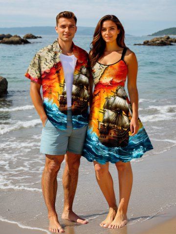 Sea Waves Sailboat Map Print Plus Size Matching Hawaii Cruise Beach Outfit For Couples