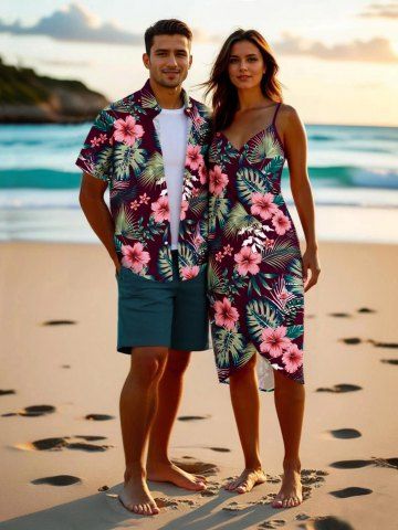 Hibiscus Flowers Tropical Leaf Print Plus Size Matching Hawaii Beach Outfit For Couples - RED
