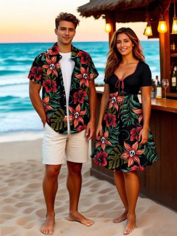 Skulls Tropical Leaf Hibiscus Flowers Print Plus Size Matching Hawaii Beach Outfit For Couples