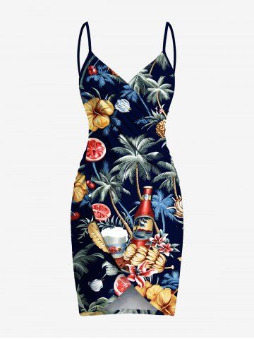 Plus Size Coconut Tree Hibiscus Flower Beer Print Hawaii Convertible Beach Cover Up - BLACK - XS