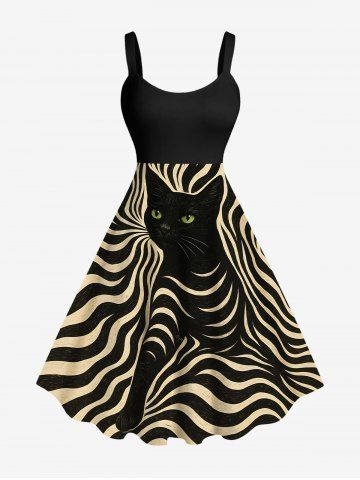 Plus Size Cat Wave Striped Print Halloween A Line Tank Dress - BLACK - 6X