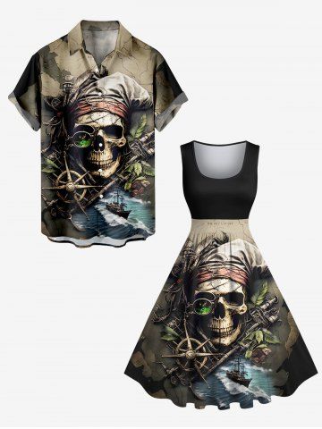 Skull Pirate Map Sea Sailboat Compass Print Plus Size Matching Hawaii Cruise Beach Outfit For Couples - BLACK