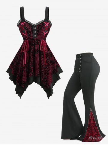 Floral Plaid Flocking Lace-up Tank Top and Cross Zipper Stripe Grommets Flare Pants Plus Size Outfit