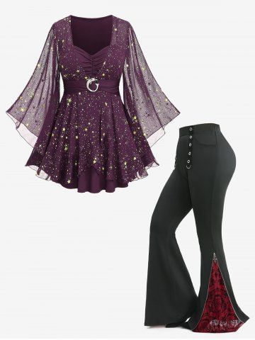 Foil Stamping Star Print T-shirt and Floral Cross Flocking Zipper Flare Pants Plus Size Outfit - RED