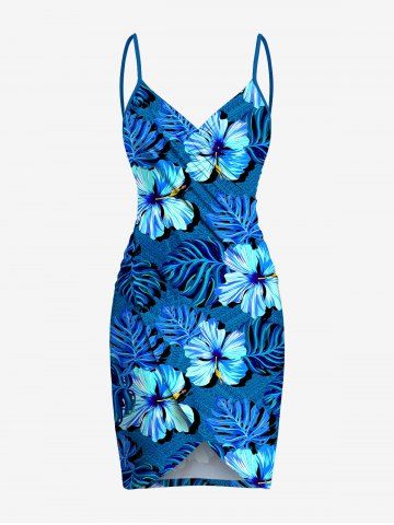 Plus Size Hibiscus Flowers Tropical Leaf Print Convertible Hawaii Beach Cover - BLUE - XXS