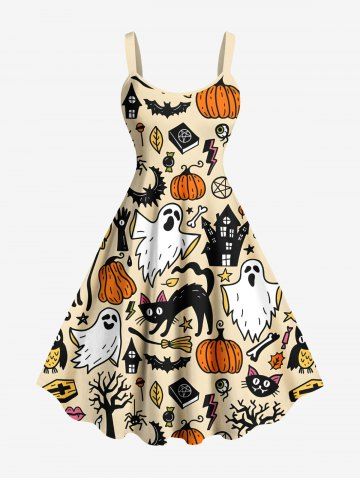Plus Size Halloween Pumpkin Ghost Bat Tree Cat Print Tank Dress - LIGHT COFFEE - XXS