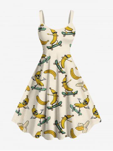 Plus Size Skateboard Rock Banana Print Hawaii Tank Dress - BEIGE - 6X