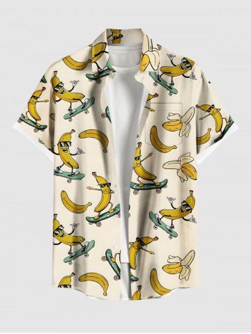 Plus Size Skateboard Rock Banana Print Buttons Pocket Hawaii Shirt For Men - BEIGE - S