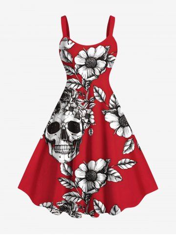 Plus Size Halloween Skulls Flowers Leaf Print Tank Dress - RED - XS