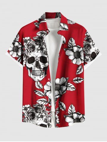 Plus Size Halloween Skulls Flowers Leaf Print Buttons Pocket Shirt For Men - RED - 4XL