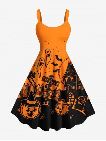 Plus Size Halloween Pumpkin Ghost Bat Cat Colorblock Print Tank Dress - ORANGE - XXS