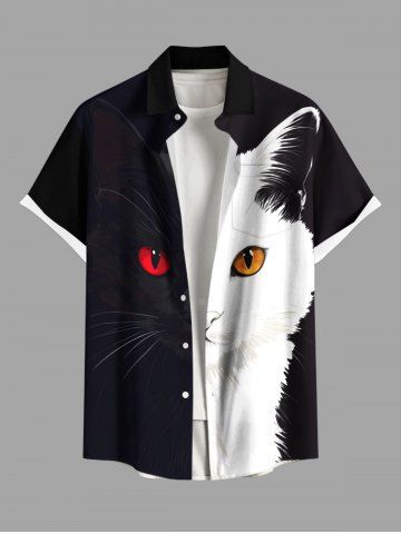 Plus Size Two Tone Cat Print Button Pocket Shirt For Men - BLACK - 3XL