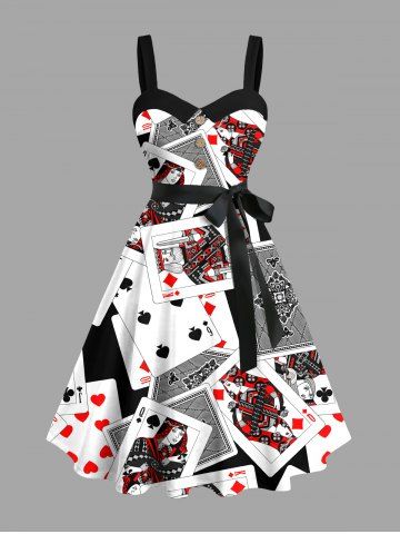 Plus Size Halloween Poker Print Buttons Turn Down Collar Dress With Belt - BLACK - M