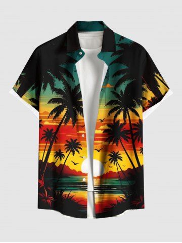 Plus Size Coconut Tree Sun Bird Seascape Cloud Print Buttons Pocket Hawaii Shirt For Men - DEEP GREEN - 6XL
