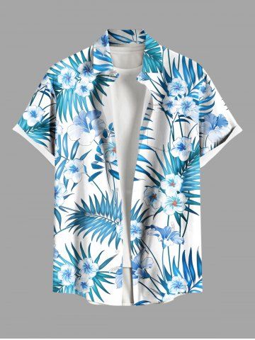 Plus Size Hibiscus Flowers Tropical Leaf Print Buttons Pocket Hawaii Shirt For Men - LIGHT BLUE - 6XL