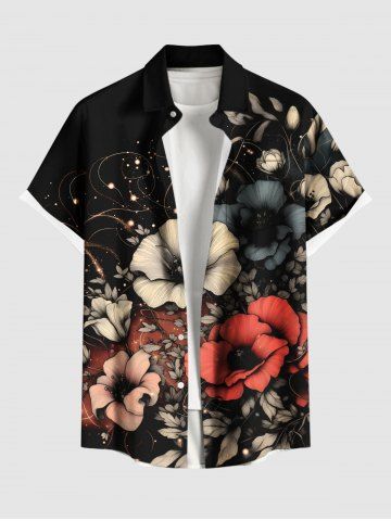 Plus Size Flowers Leaf Glitter 3D Print Buttons Pocket Hawaii Shirt For Men - BLACK - 3XL