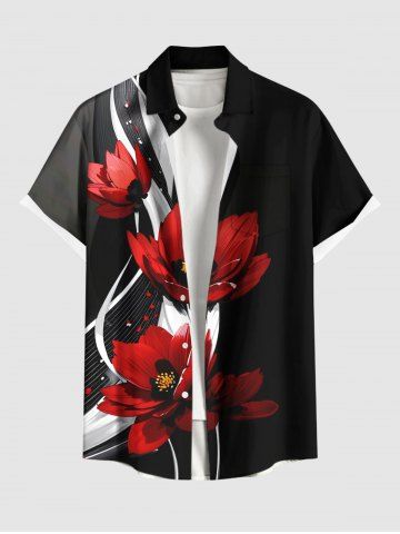 Plus Size Flower Curve Print Button Pocket Shirt For Men - BLACK - 3XL