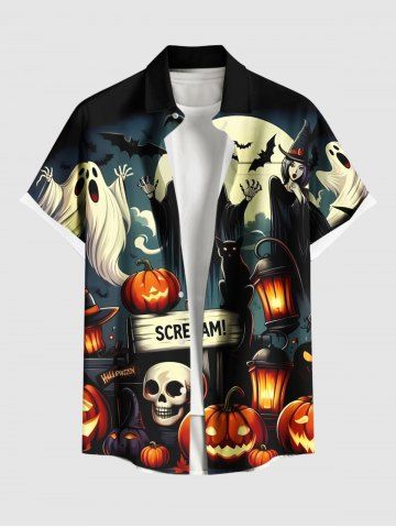 Plus Size Pumpkin Lantern Skull Wizard Ghost Bat Moon Print Halloween Button Pocket Shirt For Men