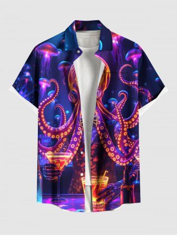 Plus Size Glitter Ombre Octopus Jellyfish Party Print Hawaii Button Pocket Shirt For Men - BLUE - S