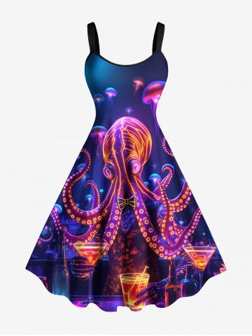Plus Size Glitter Ombre Octopus Jellyfish Party Print Hawaii A Line Tank Dress - BLUE - XXS