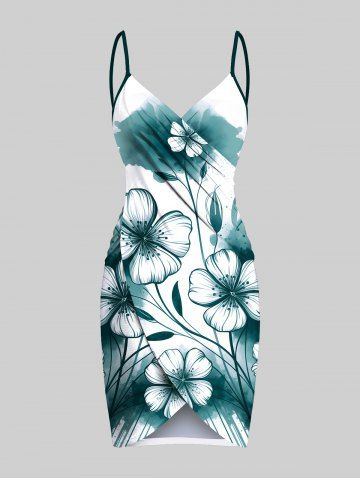 Plus Size Watercolor Flower Print Hawaii Convertible Beach Cover Up - WHITE - XXS