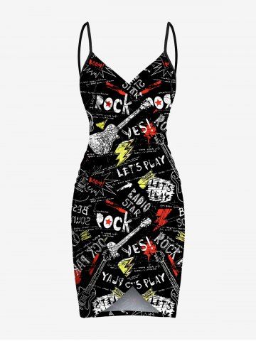 Plus Size Guitar Letters Print Hawaii Rock and Roll Convertible Beach Cover Up - BLACK - S