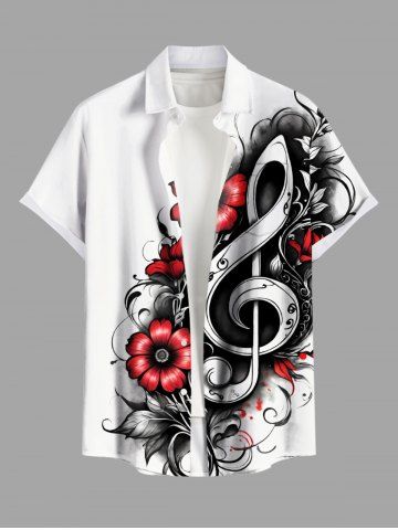 Plus Size Flower Leaf Music Symbol Print Hawaii Button Pocket Shirt For Men - WHITE - L