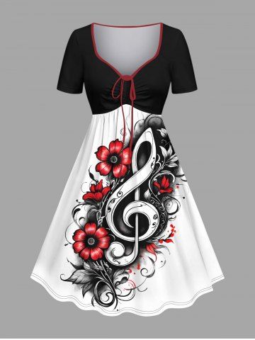 Plus Size Flower Leaf Music Symbol Print Hawaii Cinched A Line Dress - BLACK - XS