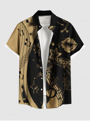 Plus Size Music Symbol Star Two Tone Lip Print Hawaii Button Pocket Shirt For Men - BLACK - M