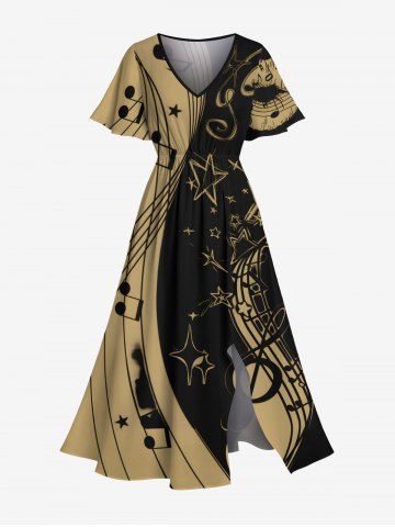 Plus Size Music Symbol Star Two Tone Lip Print Hawaii Split Pocket A Line Midi Dress - BLACK - L
