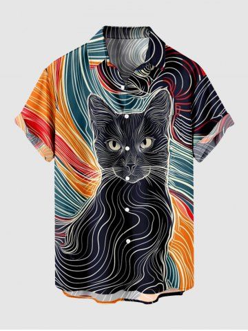 Plus Size Cat Line Fluid Print Button Pocket Shirt For Men - ORANGE - M