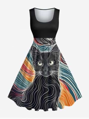 Plus Size Cat Line Fluid Print 50s Vintage Swing A Line Dress - BLACK - XXS