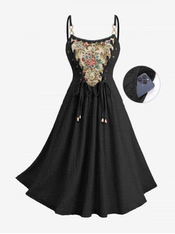Plus Size Flowers Leaf Print Lace Up Pocket Textured Cami Dress - BLACK - 5X | US 30-32