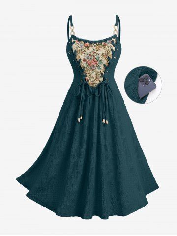 Plus Size Flowers Leaf Print Lace Up Pocket Textured Cami Dress - PEACOCK BLUE - 1X | US 14-16