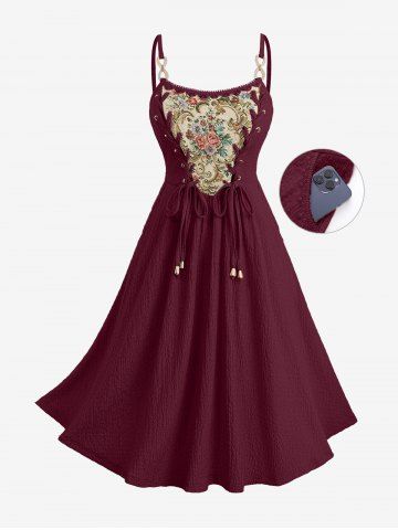 Plus Size Flowers Leaf Print Lace Up Pocket Textured Cami Dress - DEEP RED - 2X | US 18-20