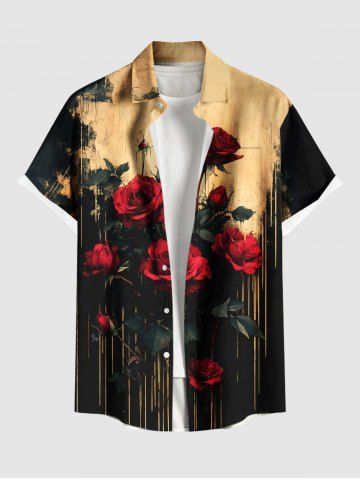 Plus Size Dark Style Rose Flower Print Button Pocket Shirt For Men - BLACK - L