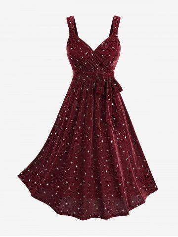 Star Print Ruched Surplice Velvet Tank Dress With Belt - RED WINE - XL