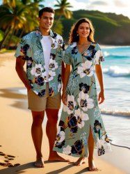 Ombre Flower Leaf Print Plus Size Matching Hawaii Beach Outfit For Couples -  