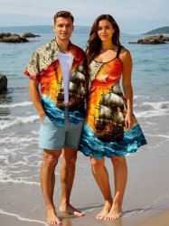 Sea Waves Sailboat Map Print Plus Size Matching Hawaii Cruise Beach Outfit For Couples -  