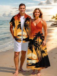 Coconut Tree Sun Seascape Bird Print Plus Size Matching Hawaii Beach Outfit For Couples -  