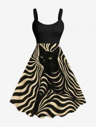Robe trapèze d'Halloween à rayures et imprimé chat grande taille - Noir 4X