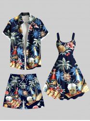 Tenue de plage hawaïenne assortie grande taille, motif cocotier, fleur d'hibiscus et coquillage, pour couples - Noir 