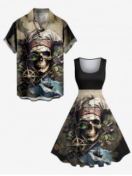 Skull Pirate Map Sea Sailboat Compass Print Plus Size Matching Hawaii Cruise Beach Outfit For Couples -  