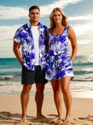 Ensemble chemise et barboteuse hawaïennes assorties, grande taille, tenue de plage, imprimé feuilles tropicales et hibiscus, pour couples - Bleu 