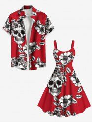 Skulls Flowers Leaf Print Plus Size Matching Hawaii Beach Outfit For Couples -  