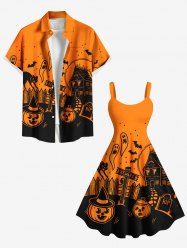 Tenue d'Halloween à imprimé citrouille, fantôme, chauve-souris, chat, colorblock, grande taille, assortie pour les couples - Orange 