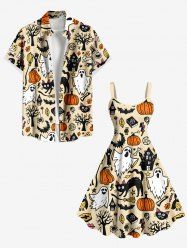 Halloween Pumpkin Ghost Bat Tree Cat Print Plus Size Matching Outfit For Couples -  