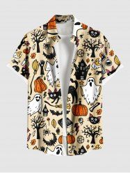 Chemise grande taille à boutons et poches pour homme, motif citrouille, fantôme, chauve-souris, arbre, chat, imprimé Halloween - café lumière L